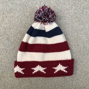 ZARA USA Cuffed Winter Beanie Women's Hat Pom Knit Cap Red White Blue​​​​​